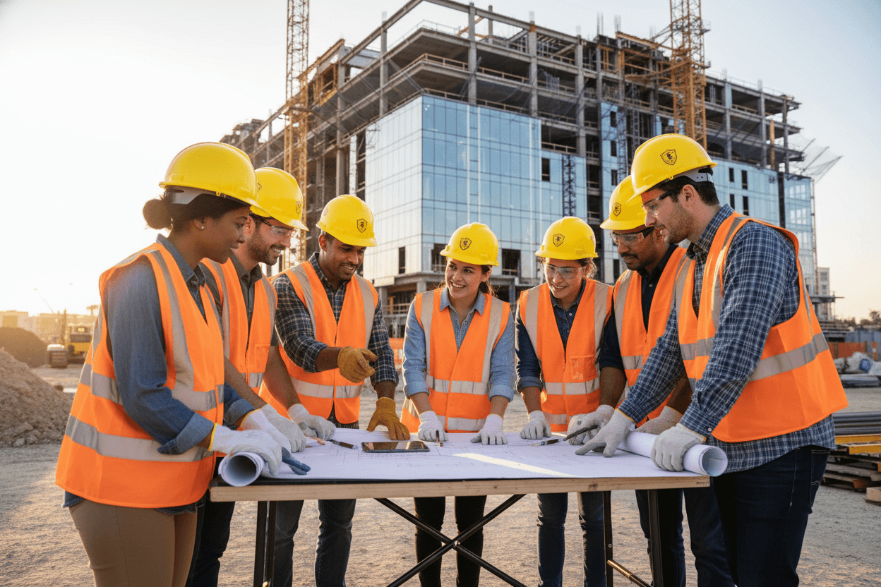 Construction team safety meeting at Phoenix job site