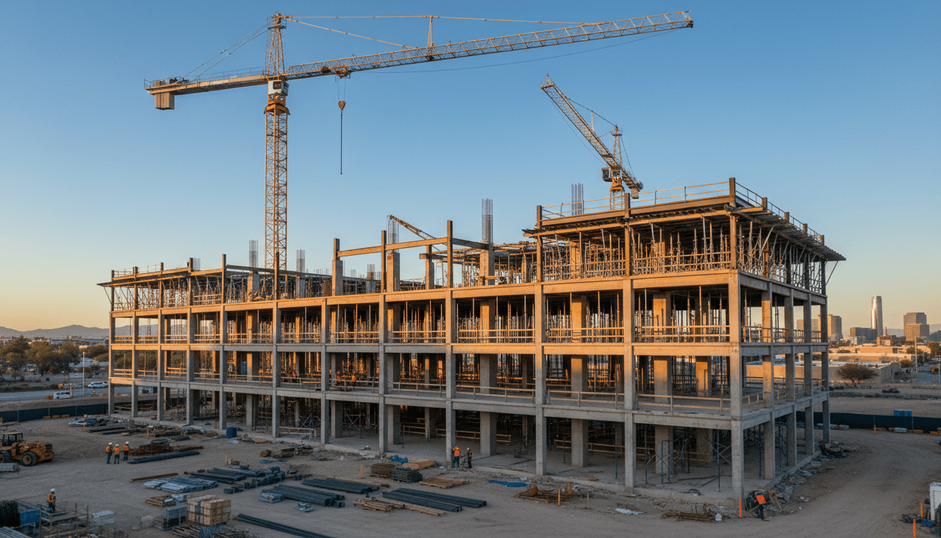 Modern commercial construction project in Phoenix with cranes and steel framework